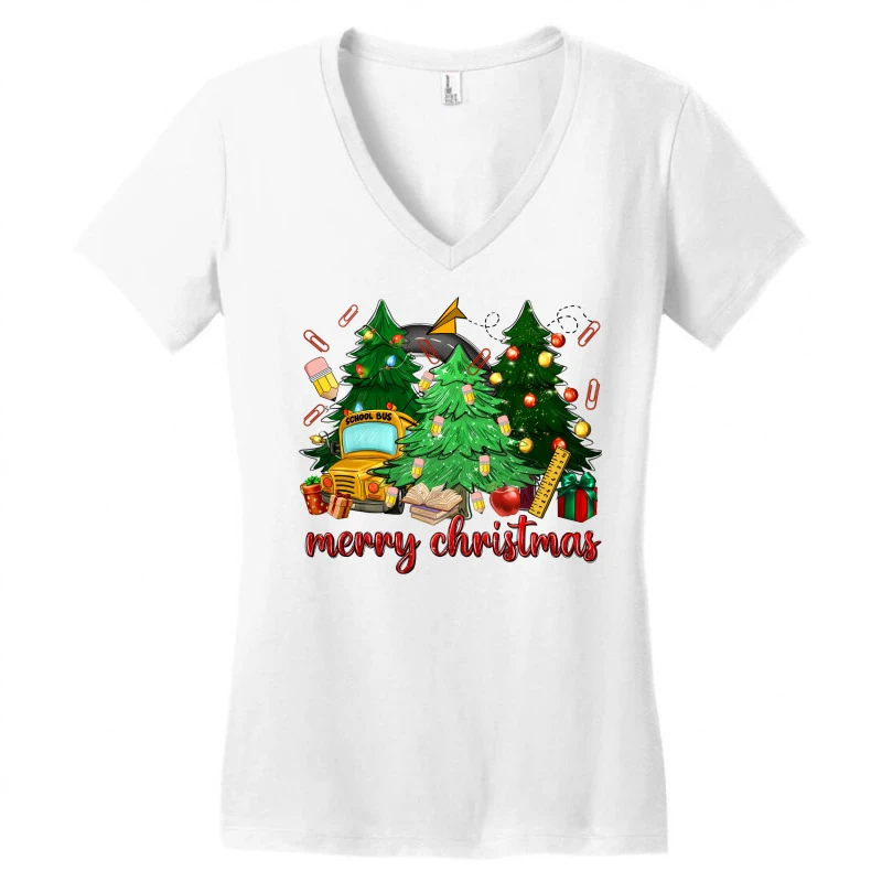 Merry Christmas School Bus Christmas Trees Women's V-Neck T-Shirt 5 Merry Christmas School Bus Christmas Trees Women's V-Neck T-Shirt - Image 3