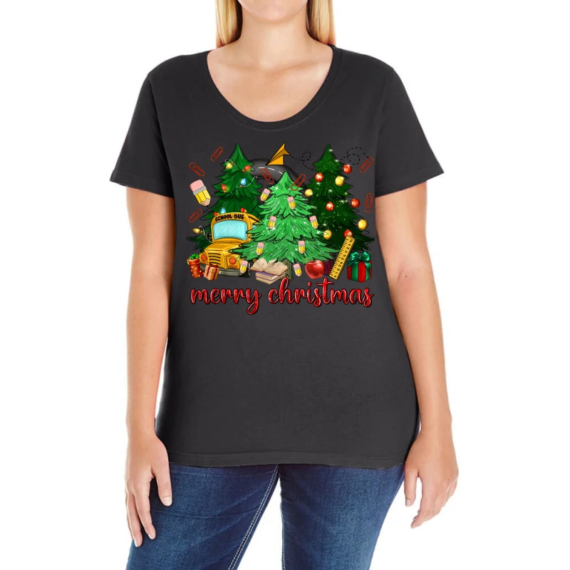 Merry Christmas School Bus Christmas Trees Ladies Curvy T-Shirt 3 Merry Christmas School Bus Christmas Trees Ladies Curvy T-Shirt