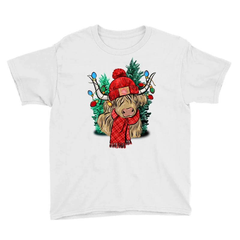 Red Christmas Long Haired Cow Youth Tee 5 Red Christmas Long Haired Cow Youth Tee - Image 3