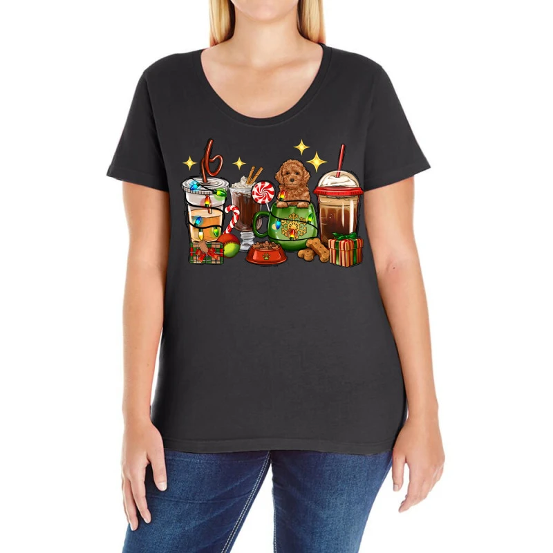 Christmas Coffee Cups With Poodle Ladies Curvy T-Shirt 3 Christmas Coffee Cups With Poodle Ladies Curvy T-Shirt