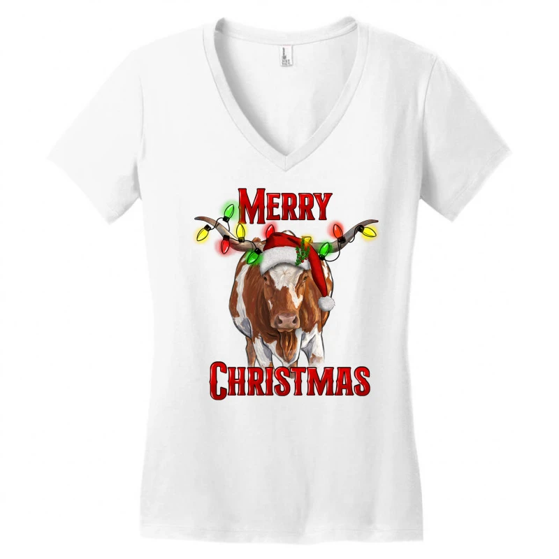 Merry Christmas Longhorn Cow Women's V-Neck T-Shirt 5 Merry Christmas Longhorn Cow Women's V-Neck T-Shirt - Image 3