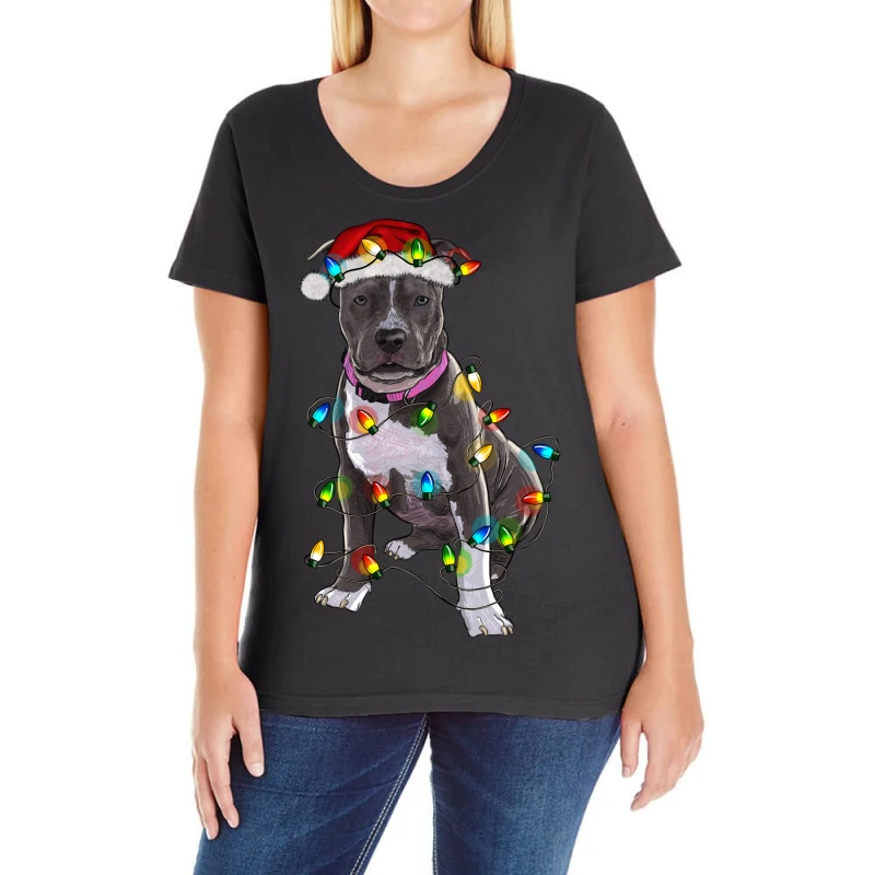 Pitbull With Christmas Lights Ladies Curvy T-Shirt 3 Pitbull With Christmas Lights Ladies Curvy T-Shirt