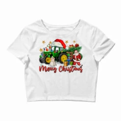 Christmas Green Tractor With Santa And Snowman Crop Top