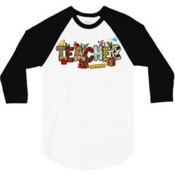 Christmas Teacher 3/4 Sleeve Shirt -Noel Outfits Store pd.2527055986.33.25102070.s3.1 front white and black ffffff none x0y0 150 800x800 1