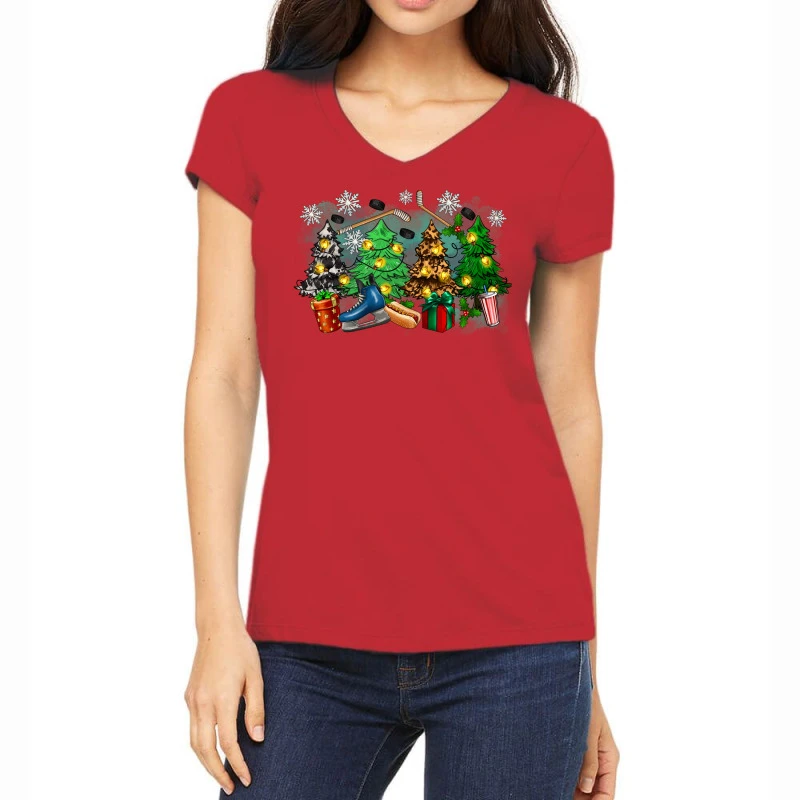 Christmas Trees With Hockey Women's V-Neck T-Shirt 3 Christmas Trees With Hockey Women's V-Neck T-Shirt