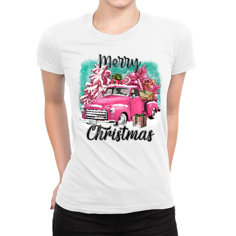 Pink Merry Christmas Truck Ladies Fitted T-Shirt 3 Pink Merry Christmas Truck Ladies Fitted T-Shirt