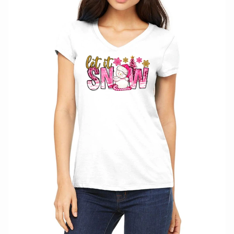 Let It Snow Pink Christmas Women's V-Neck T-Shirt 3 Let It Snow Pink Christmas Women's V-Neck T-Shirt