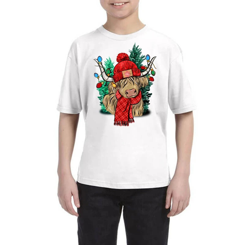 Red Christmas Long Haired Cow Youth Tee 3 Red Christmas Long Haired Cow Youth Tee