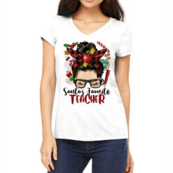 Messy Bun Christmas Teacher Women's V-Neck T-Shirt