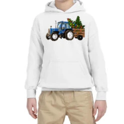 Blue Christmas Tractor Youth Hoodie