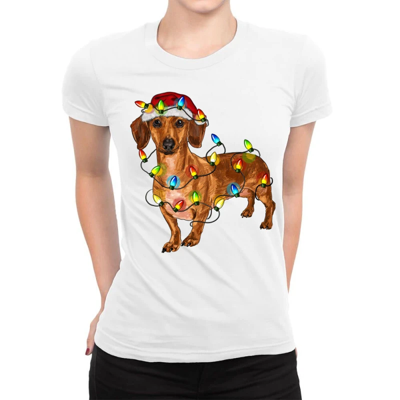 Dachshund Christmas Lights Ladies Fitted T-Shirt 3 Dachshund Christmas Lights Ladies Fitted T-Shirt