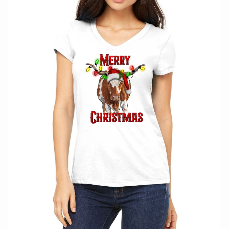 Merry Christmas Longhorn Cow Women's V-Neck T-Shirt 3 Merry Christmas Longhorn Cow Women's V-Neck T-Shirt