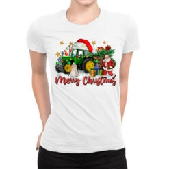Christmas Green Tractor With Santa And Snowman Ladies Fitted T-Shirt