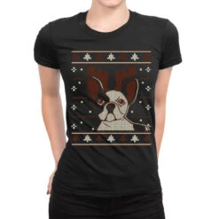 Ugly Christmas French Bulldog Puppy With Reindeer Ladies Fitted T-Shirt