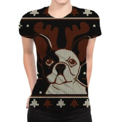 Ugly Christmas French Bulldog Puppy With Reindeer All Over Women's T-shirt