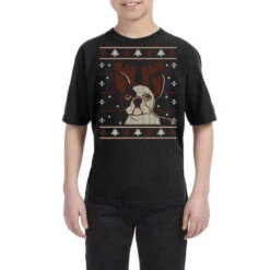 Ugly Christmas French Bulldog Puppy With Reindeer Youth Tee