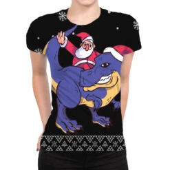 Santa Riding Dinosaur Ugly Christmas Xmas Matching All Over Women's T-shirt